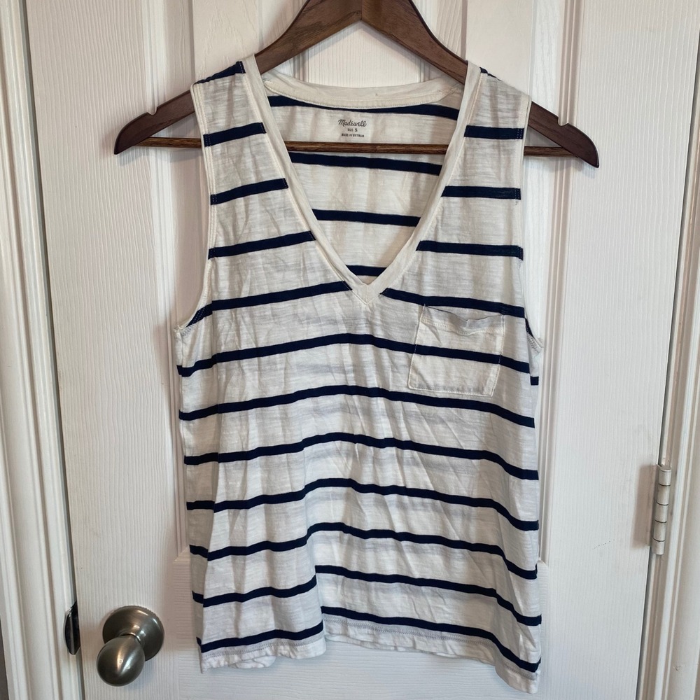 Madewell Womens Small V-Neck Striped Pocket Tank Top White Navy Blue Cotton Slub